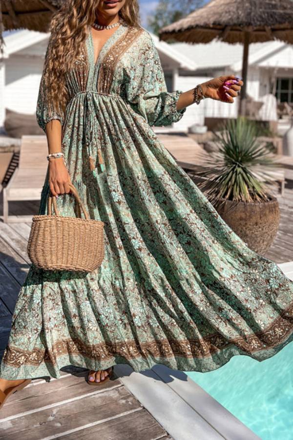Ella® | Green boho floral print backless drawstring high waist maxi dress