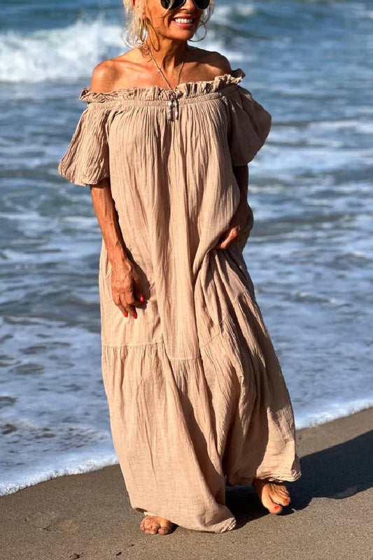 Dolores® | Off-the-shoulder A-line maxi dress with linen blend ruffles and puff sleeves