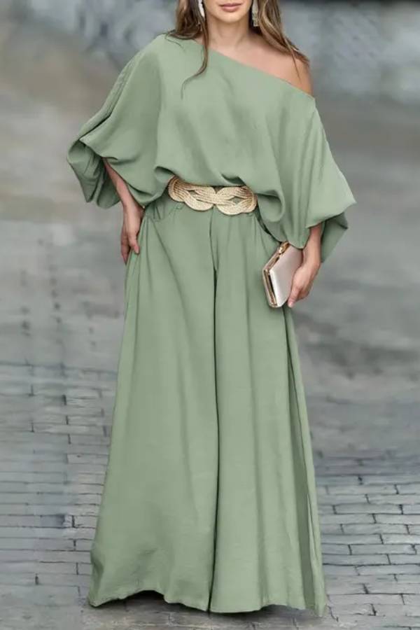 Clara® | Set includes a bias neck top with lantern sleeves and wide leg pants