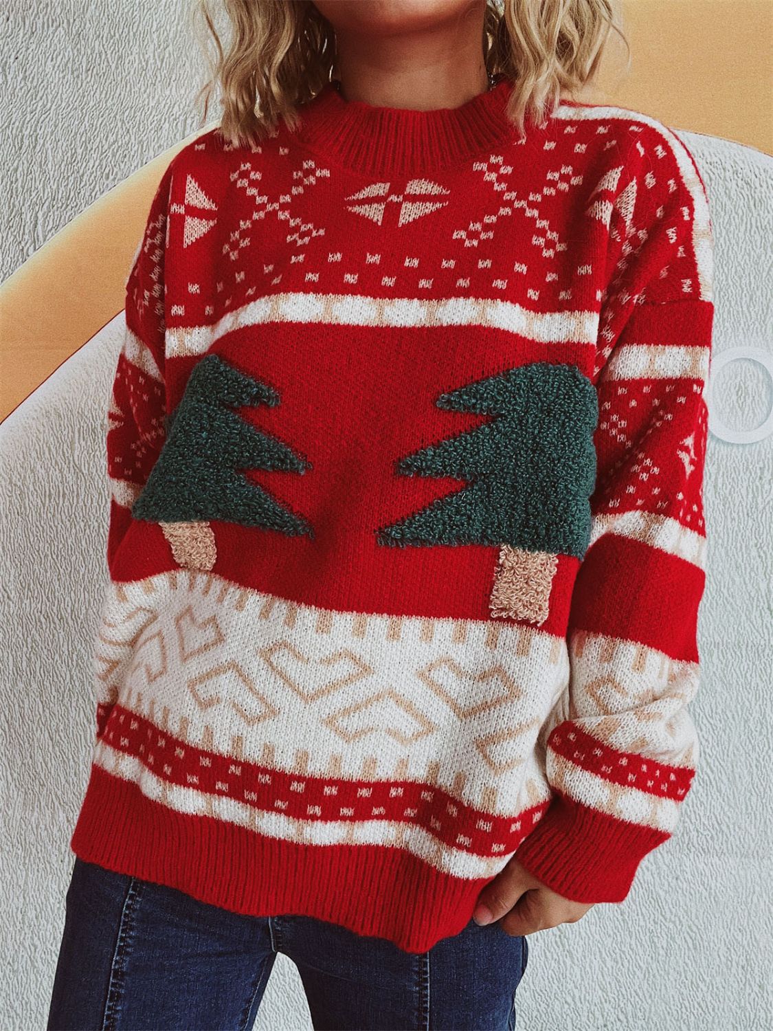 Annelies® | Long-sleeved Christmas tree sweater with stand-up collar