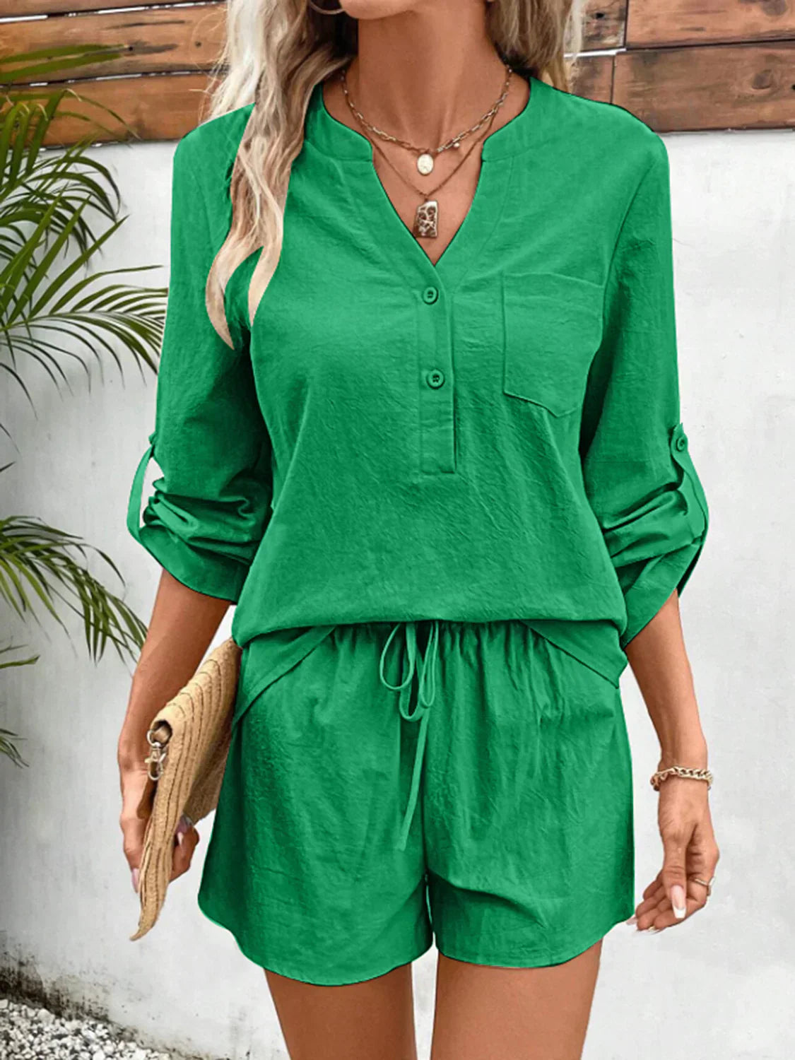 Ella® | Elegant V-Neck Long-Sleeved Top And Shorts Set