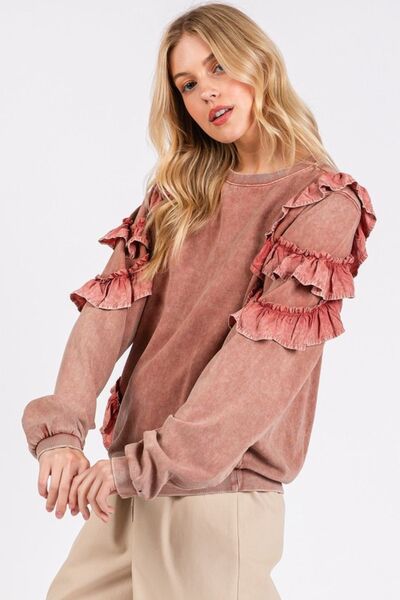 Adelaida® | Ruched, mineral-washed long-sleeve crew neck sweatshirt