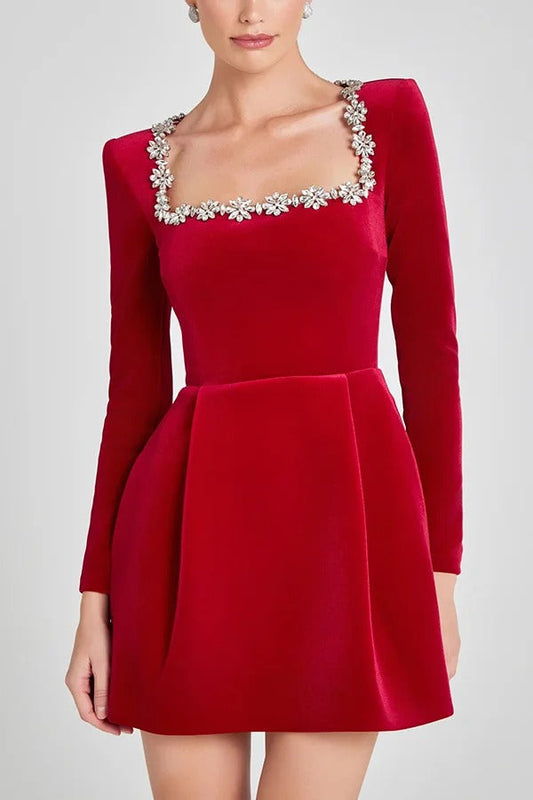 Aranza® | Endless Celebration jewel embellished velvet mini dress with long sleeve pockets