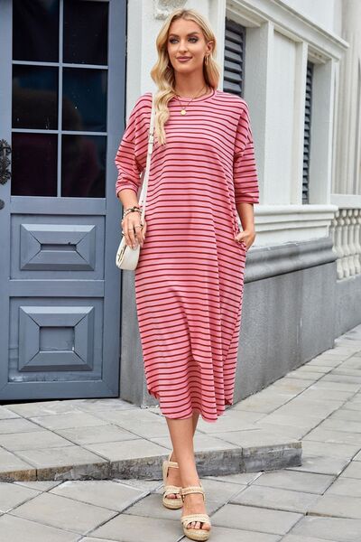 Cora® | Contrast striped midi t-shirt dress with half sleeves