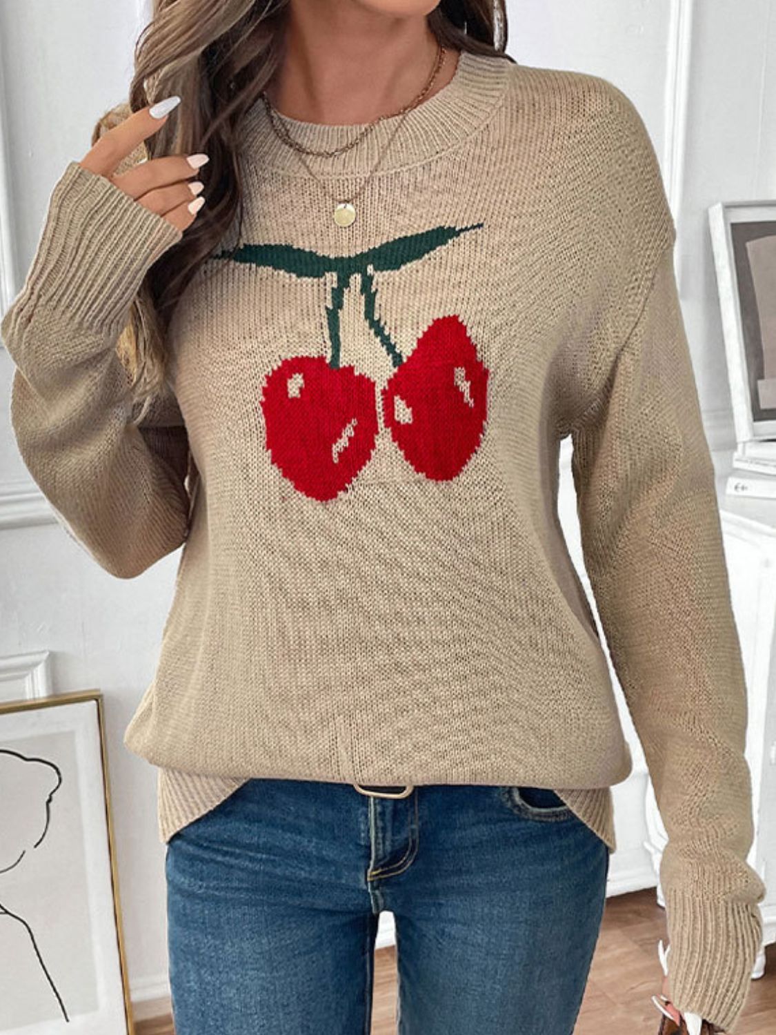 Cintia® | Perfee Cherry crew neck long sleeve sweater