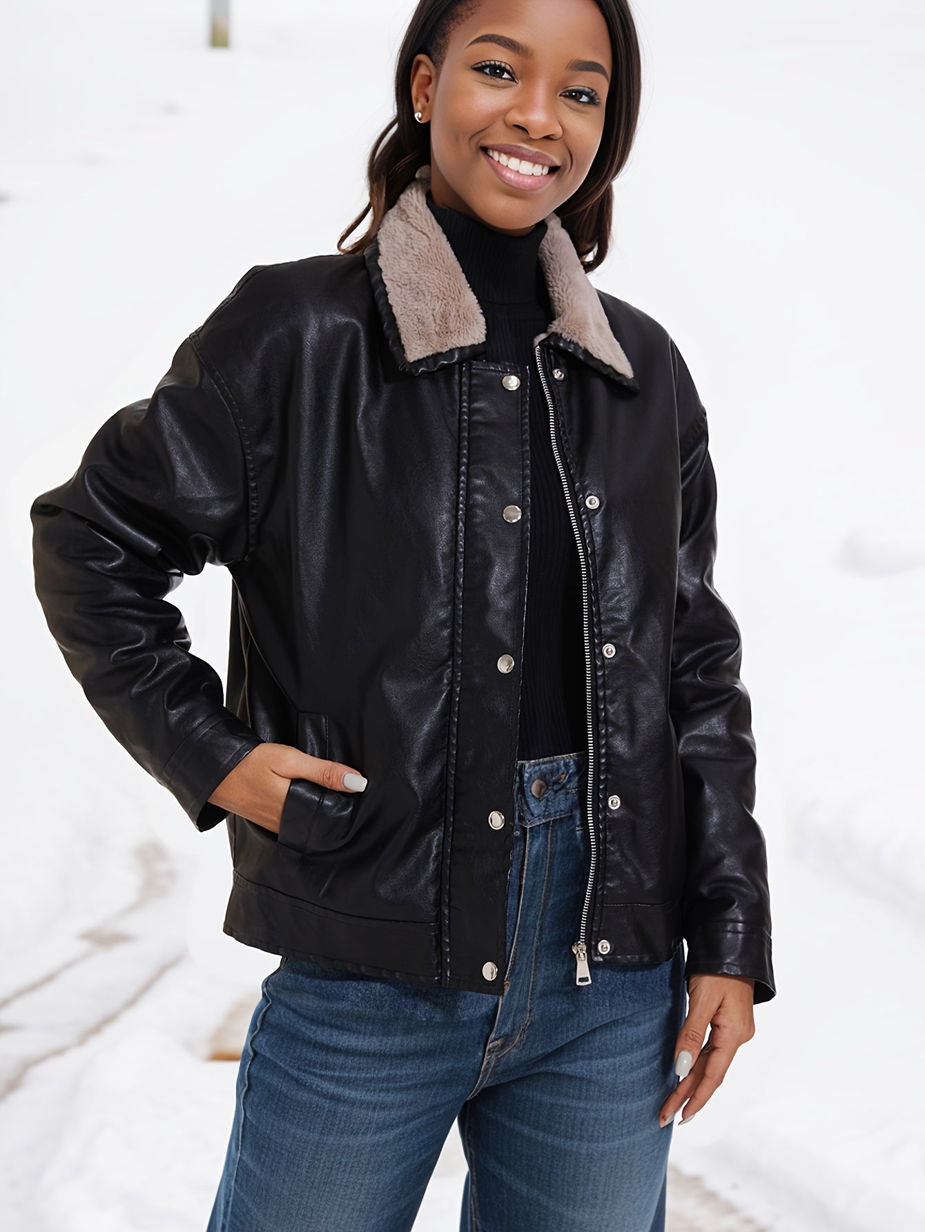 Denise® | Fleece lined PU leather jacket