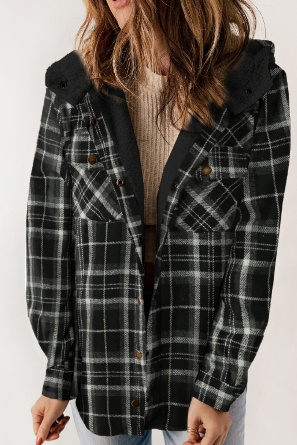 Brigida® | Checked button down long sleeve hooded jacket