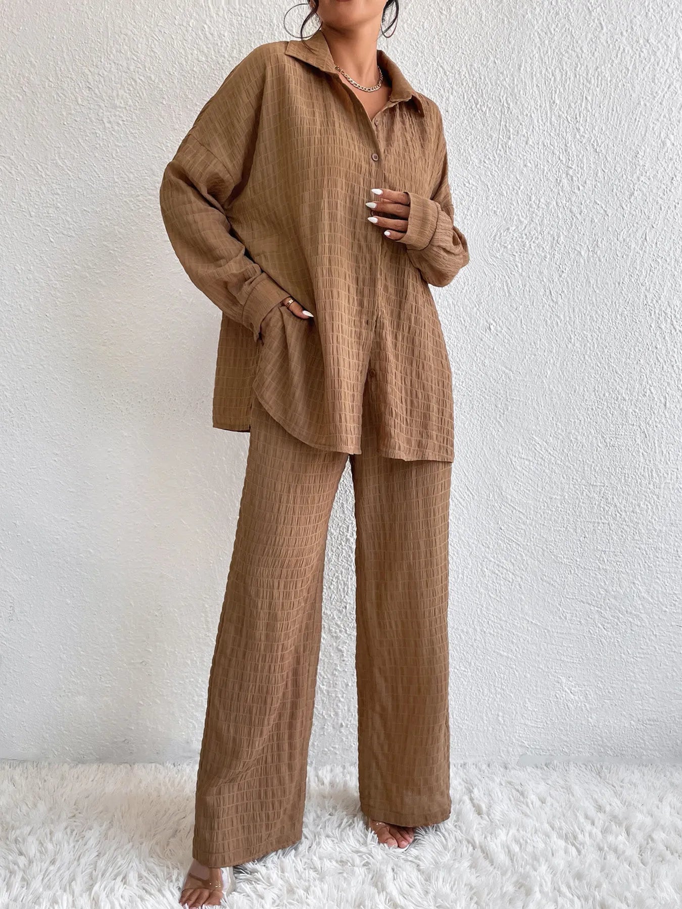 Elettra® | Elegant Long-Sleeved Button-Down Blouse And Pants Set