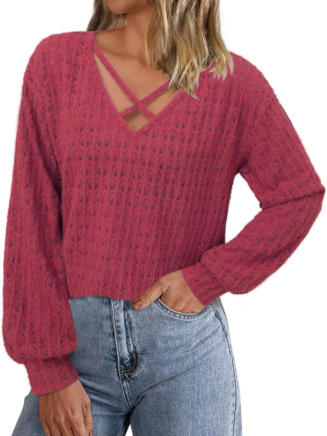 Aurora® | Long sleeve top with crisscross necklines