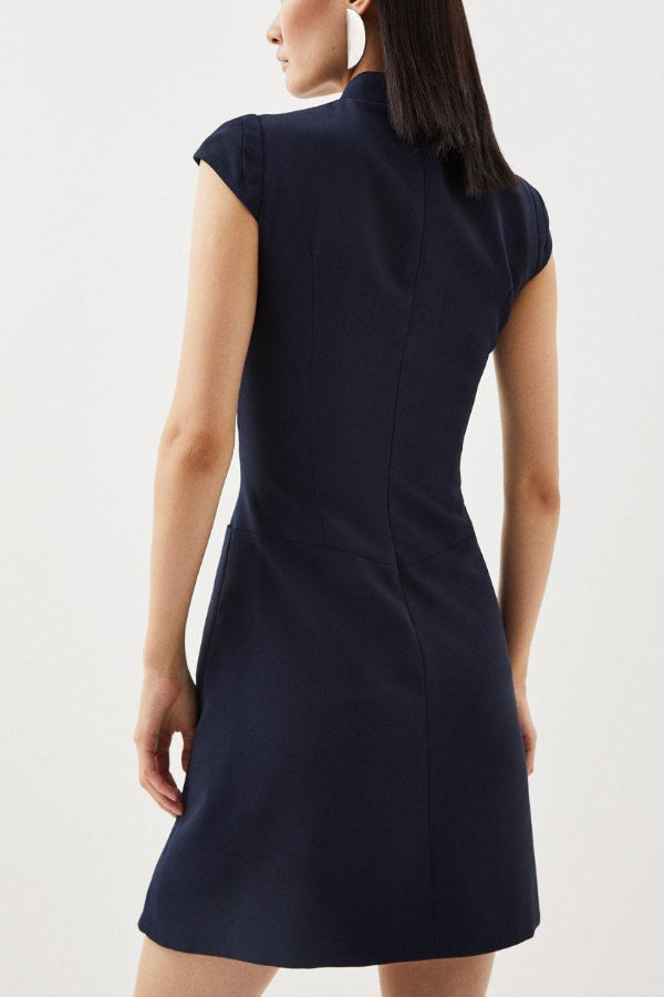 Ariana® | Military-style mini dress with cap sleeves, stand-up collar and patchwork pleated hem