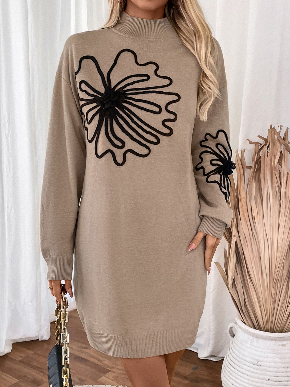 Cornelia® | Perfee floral sweater dress with stand-up collar and long sleeves
