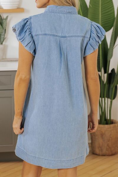 Angela® | Smocked denim dress with collar and cap sleeves