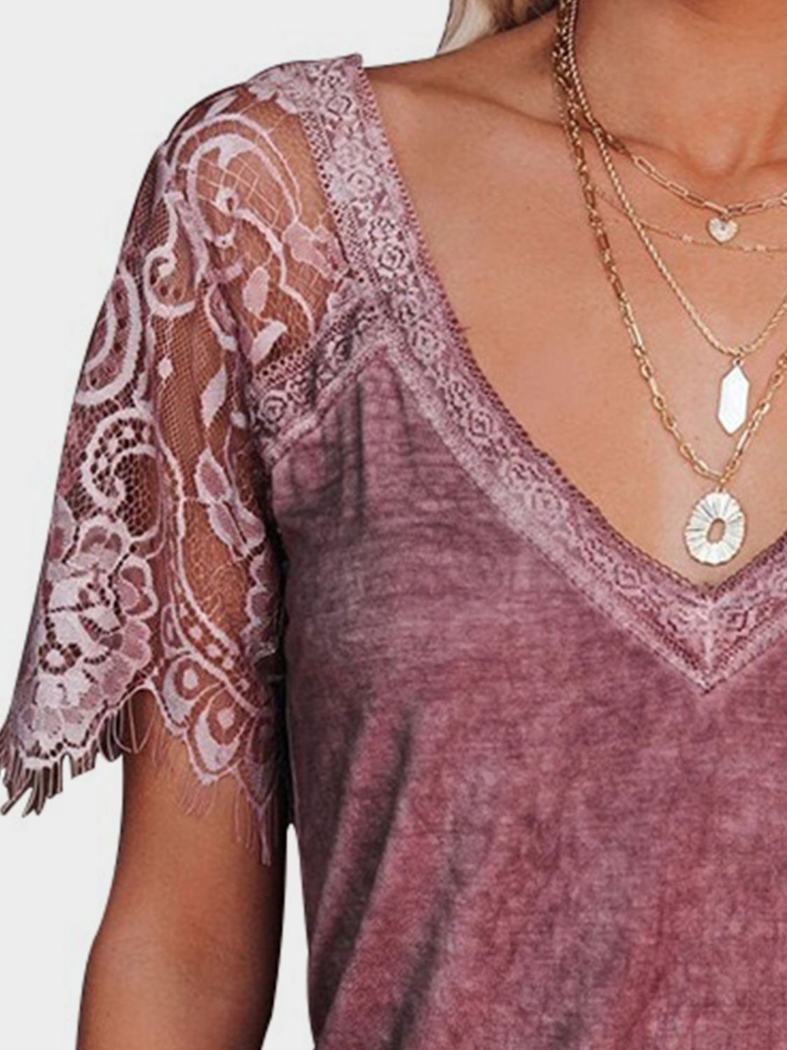Barbara® | Short-sleeved lace patchwork V-neck T-shirt
