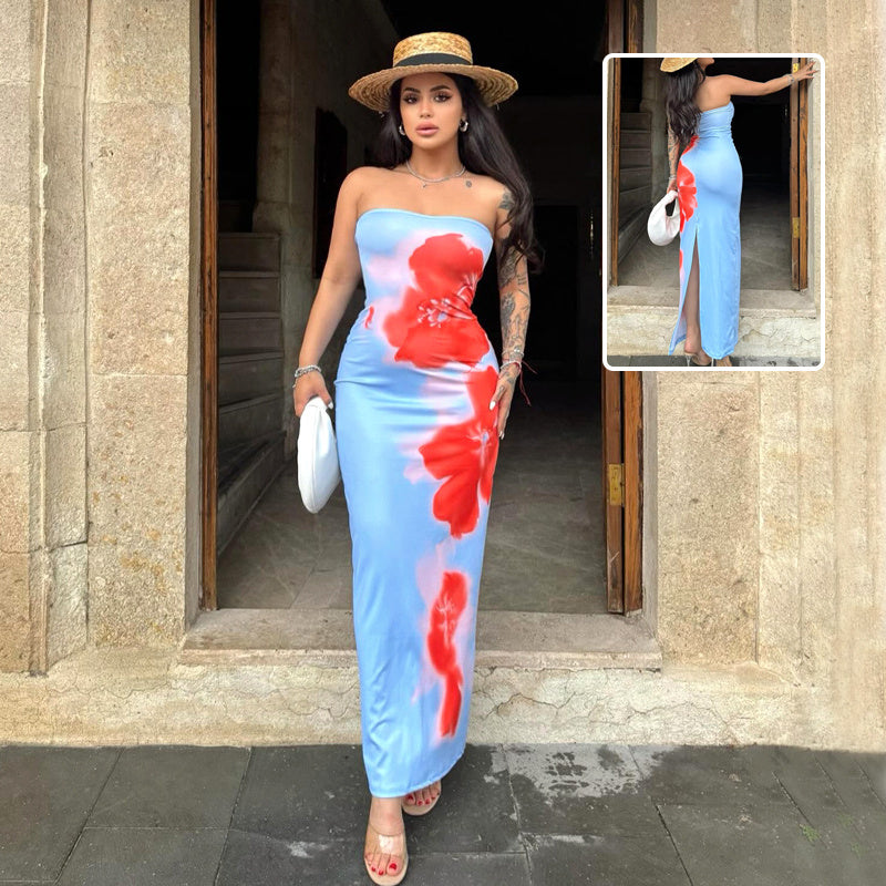 Delia® | Long dress with a slit in a contrasting color