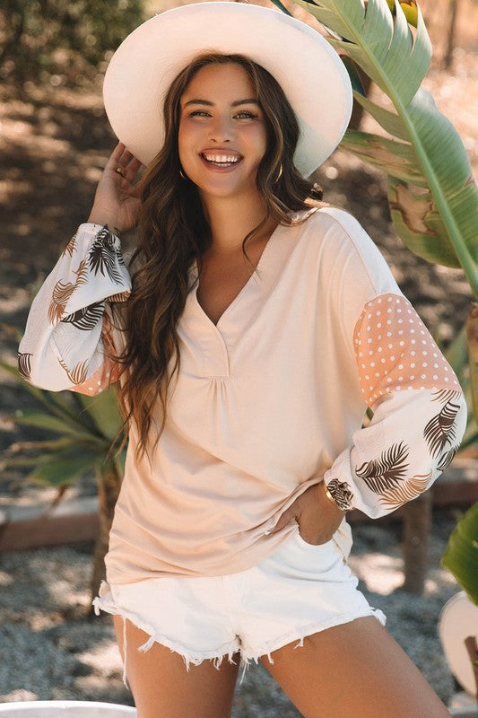 Elena® | Patchwork sweatshirt with polka dot puff sleeves for women