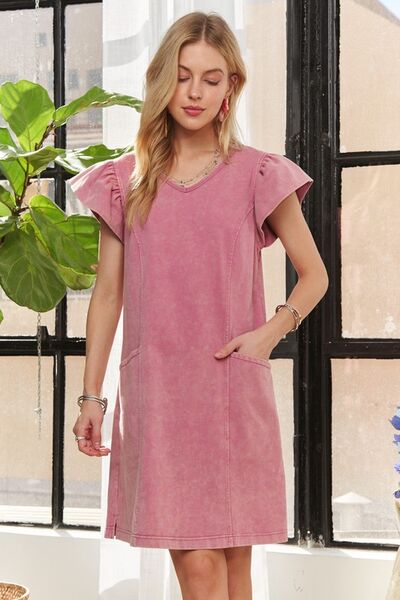 Antonia® | Mineral washed ruffled cap sleeve V-neck dress
