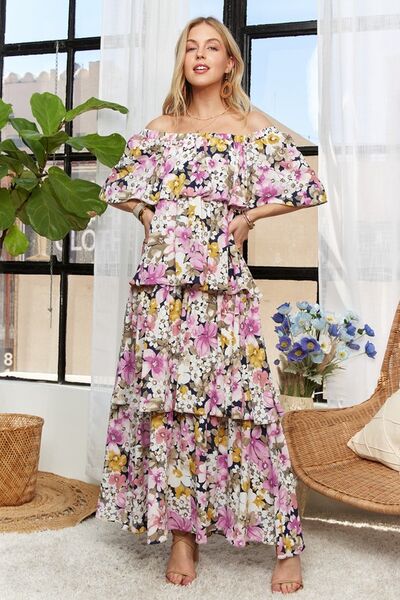 Clara® | Layered floral off shoulder short sleeve maxi dress