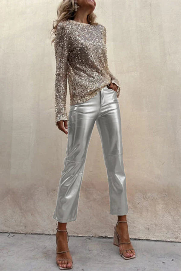 Alexandra® | Sinclair metallic faux leather straight trousers with high waist and pockets