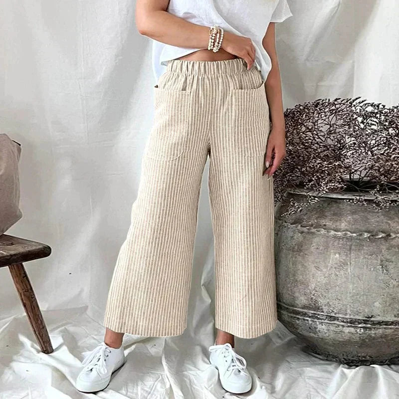 Devon | Stylish Women's Wide Leg Pants with Elastic Waist – Light, Striped & Comfortable for Everyday Wear