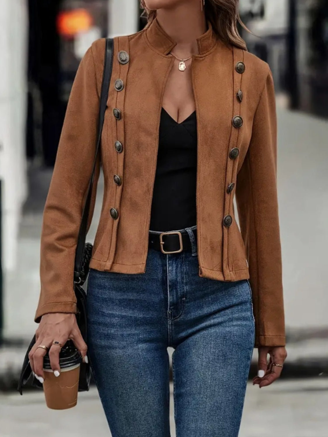 Delia® | Long-sleeved coat with decorative button placket and open front