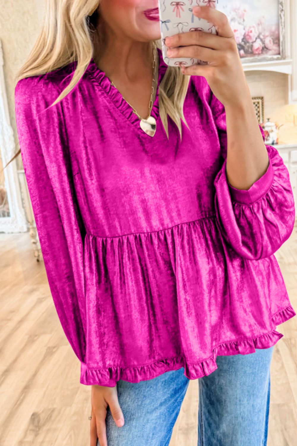 Concepcion® | Long sleeve blouse with ruffles and V-neck