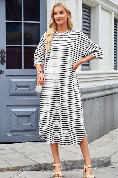 Cora® | Contrast striped midi t-shirt dress with half sleeves