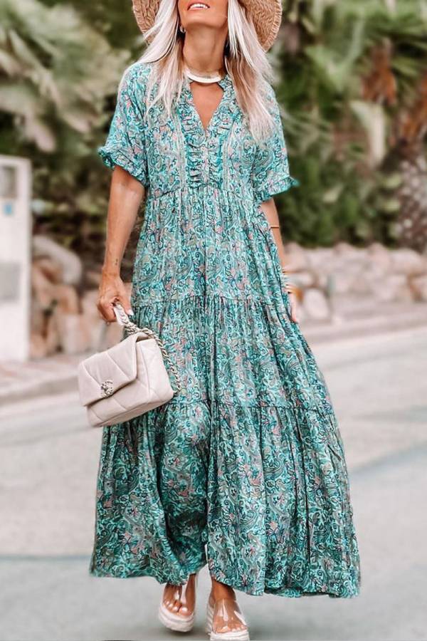 Camila® | Sky blue tiered boho maxi dress with paisley print and split V-neck