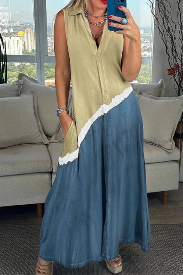 Aurora® | Color block print sleeveless V-neck maxi swing dress