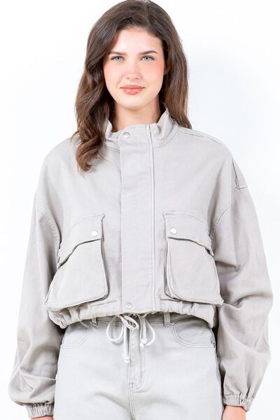 Charlotte® | Full size cropped worker jacket with drawstring hem and oversized cargo pocket