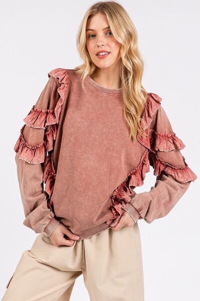 Adelaida® | Ruched, mineral-washed long-sleeve crew neck sweatshirt