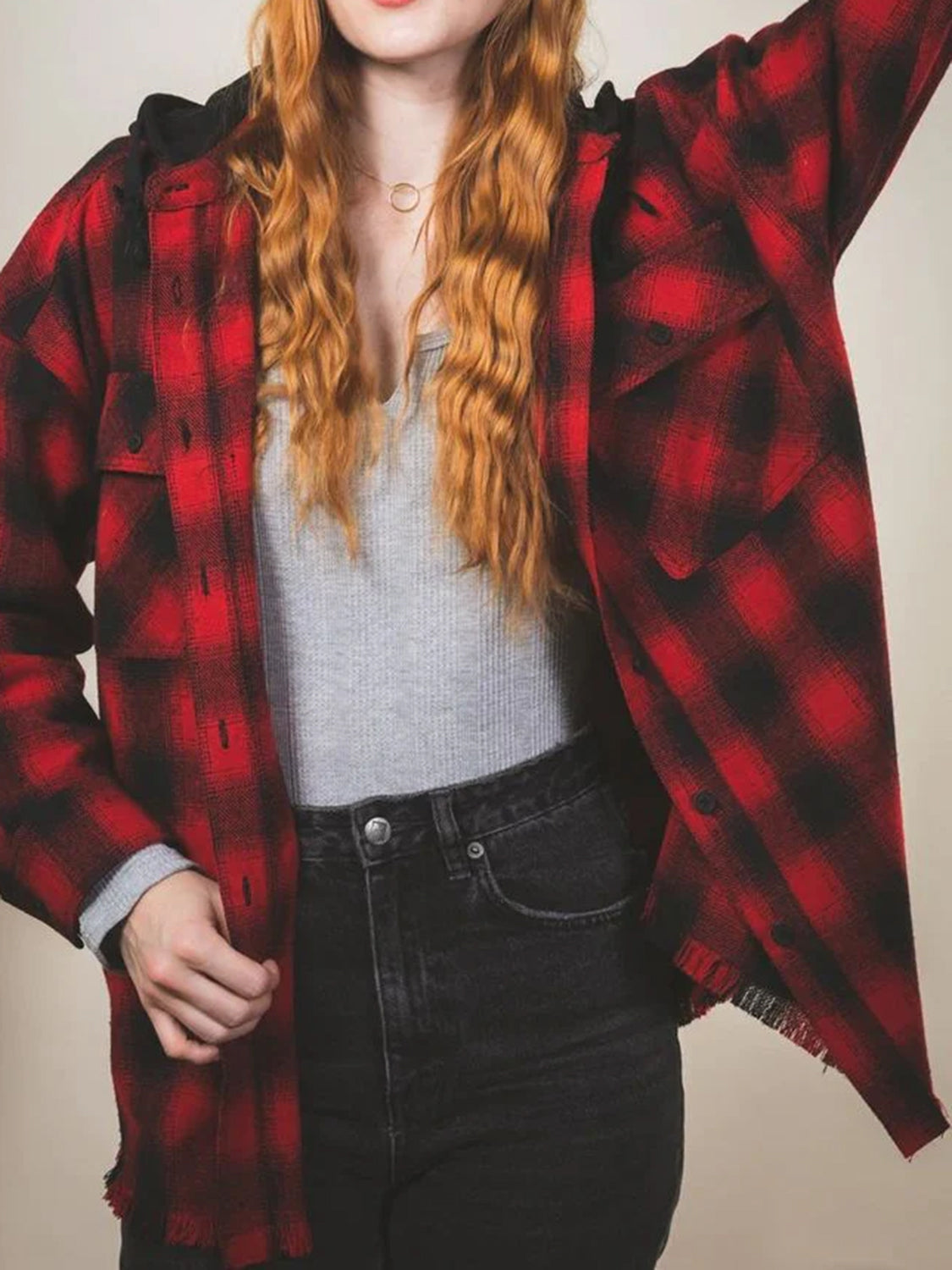 Carmen® | Checked long sleeve hooded jacket with raw hem