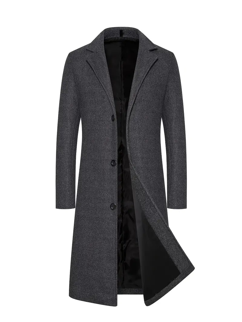 Men’s Full Length Coat – Tailored Fit – Wool Feel – Notch Lapel – Three Button Closure