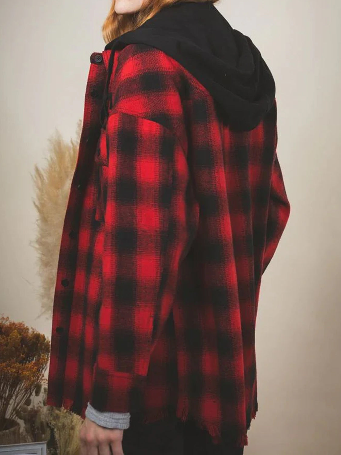 Carmen® | Checked long sleeve hooded jacket with raw hem