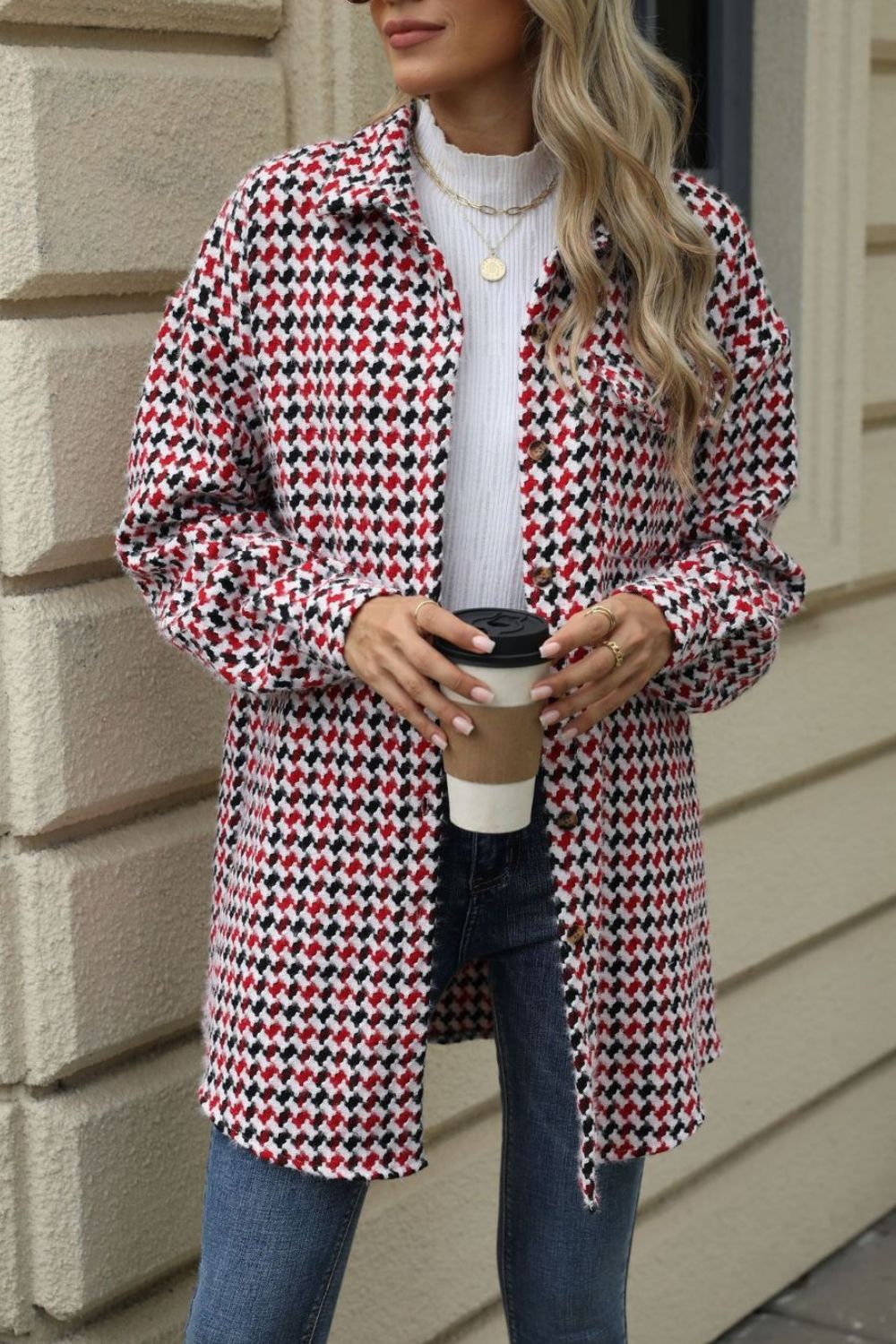 Anika® | Houndstooth coat with buttons and dropped shoulders