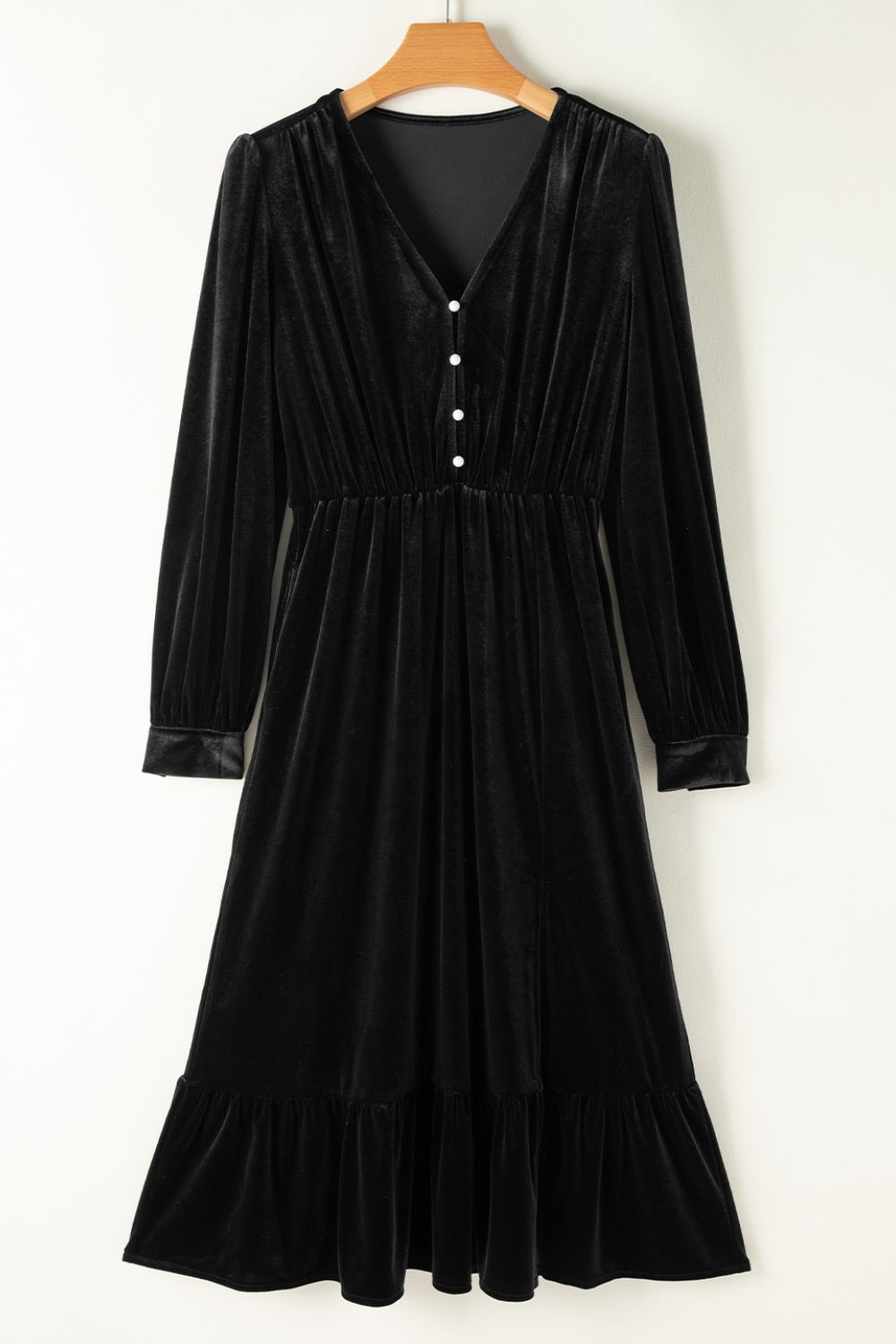 Amanda® | Long sleeve dress with ruffle hem and slit and V-neck