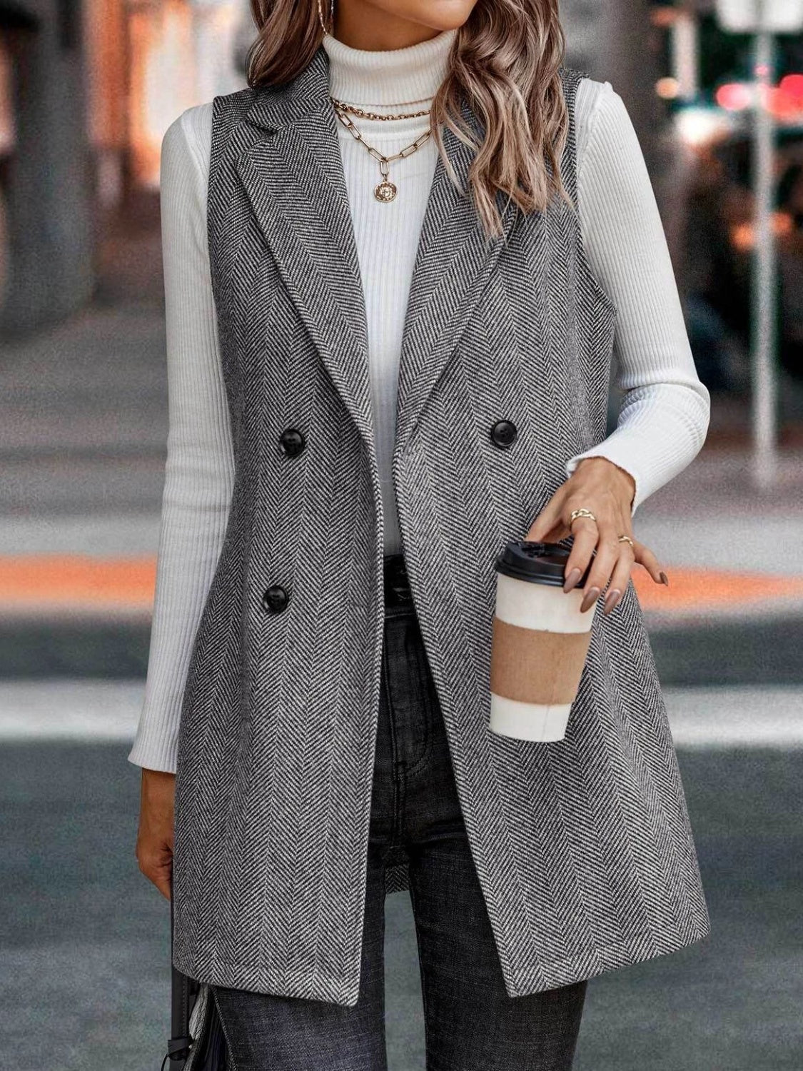 Carolin® | Long cut vest coat with buttoned collar and collar