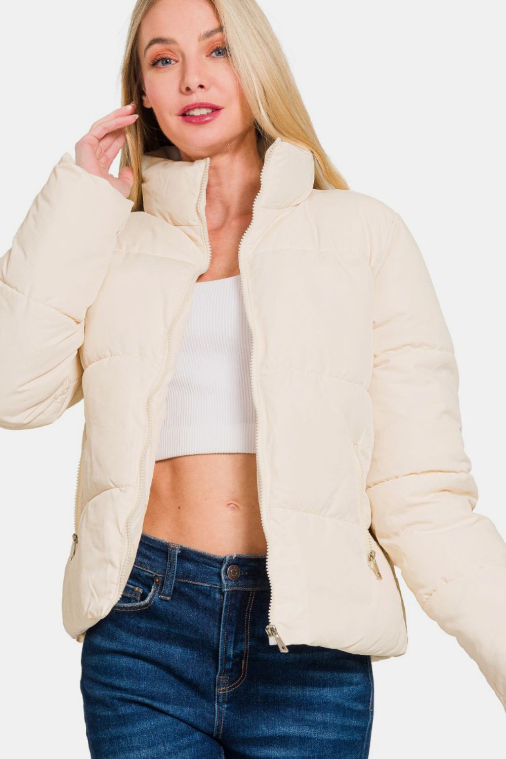 Angela® | Zenana turtleneck puffer jacket with zip and pockets