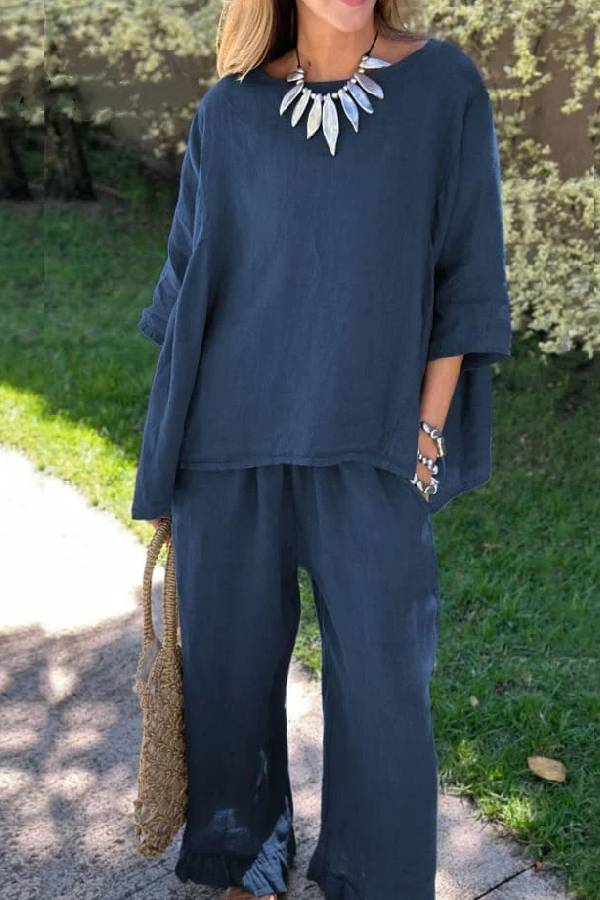 Claudia® | Casual solid color loose cotton linen top and pants two piece set
