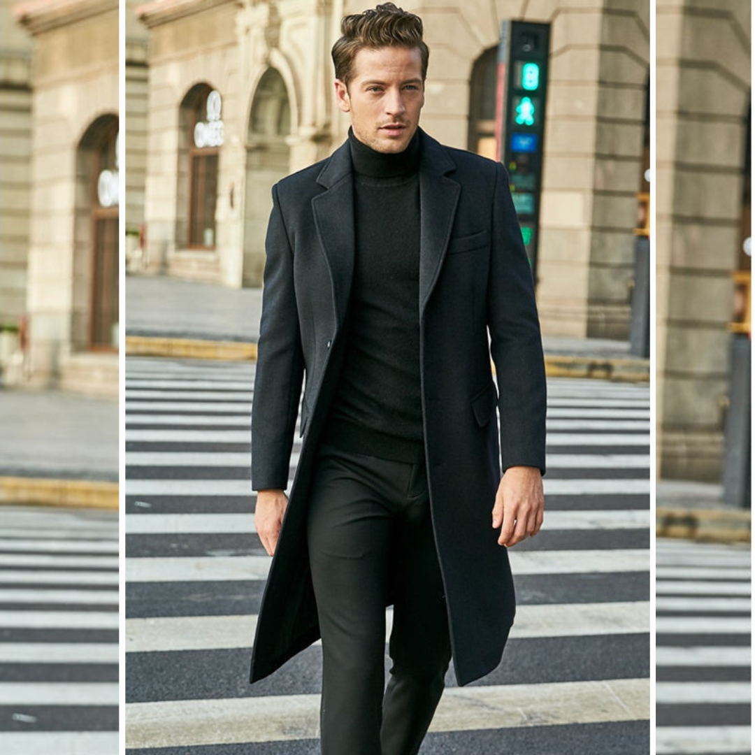Men’s Coat – Tailored Fit – Wool Blend – Knee Length – Lapel Collar Formal Style