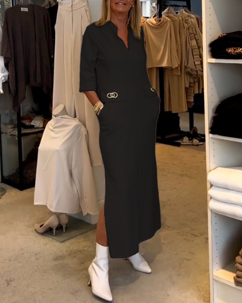 Adela® | Solid color slit dress with 3/4 sleeves