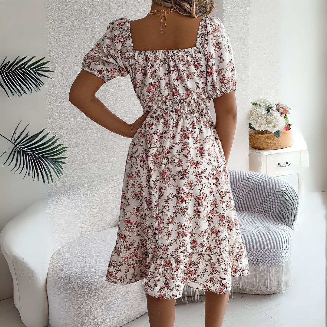Vestea | Elegant Floral Midi Dress with Puff Sleeves