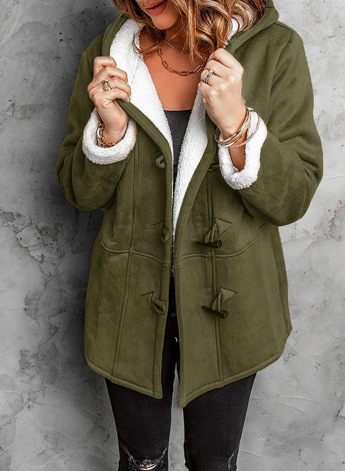 Women’s Toggle Coat – Relaxed Fit – Faux Shearling Lined – Hooded Soft Touch Exterior