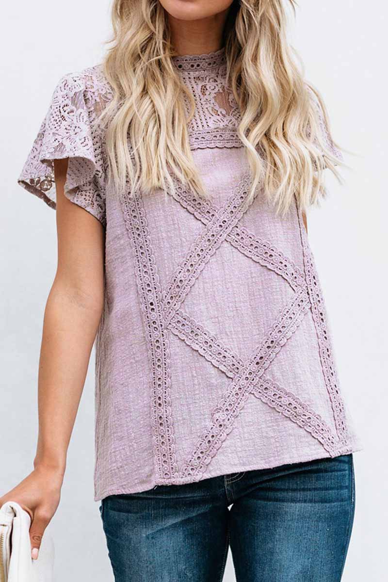 Edvige® | Chic Short-Sleeved Geometric Lace Blouse