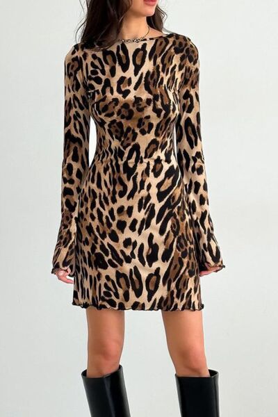 Eden® | Backless long sleeve leopard print mini dress