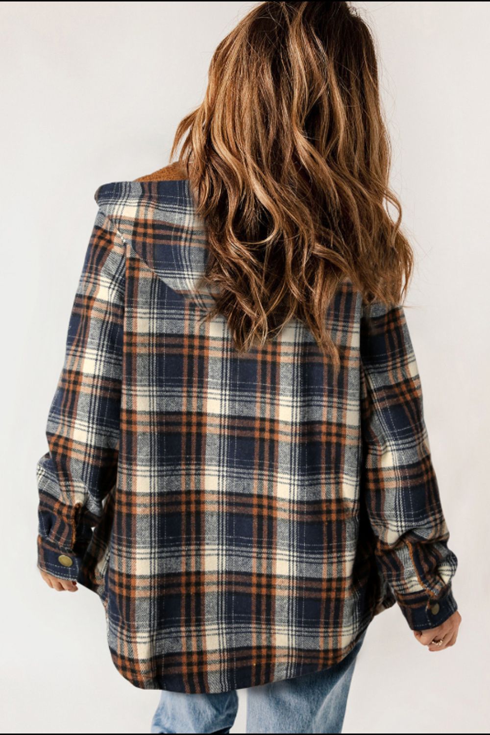 Brigida® | Checked button down long sleeve hooded jacket