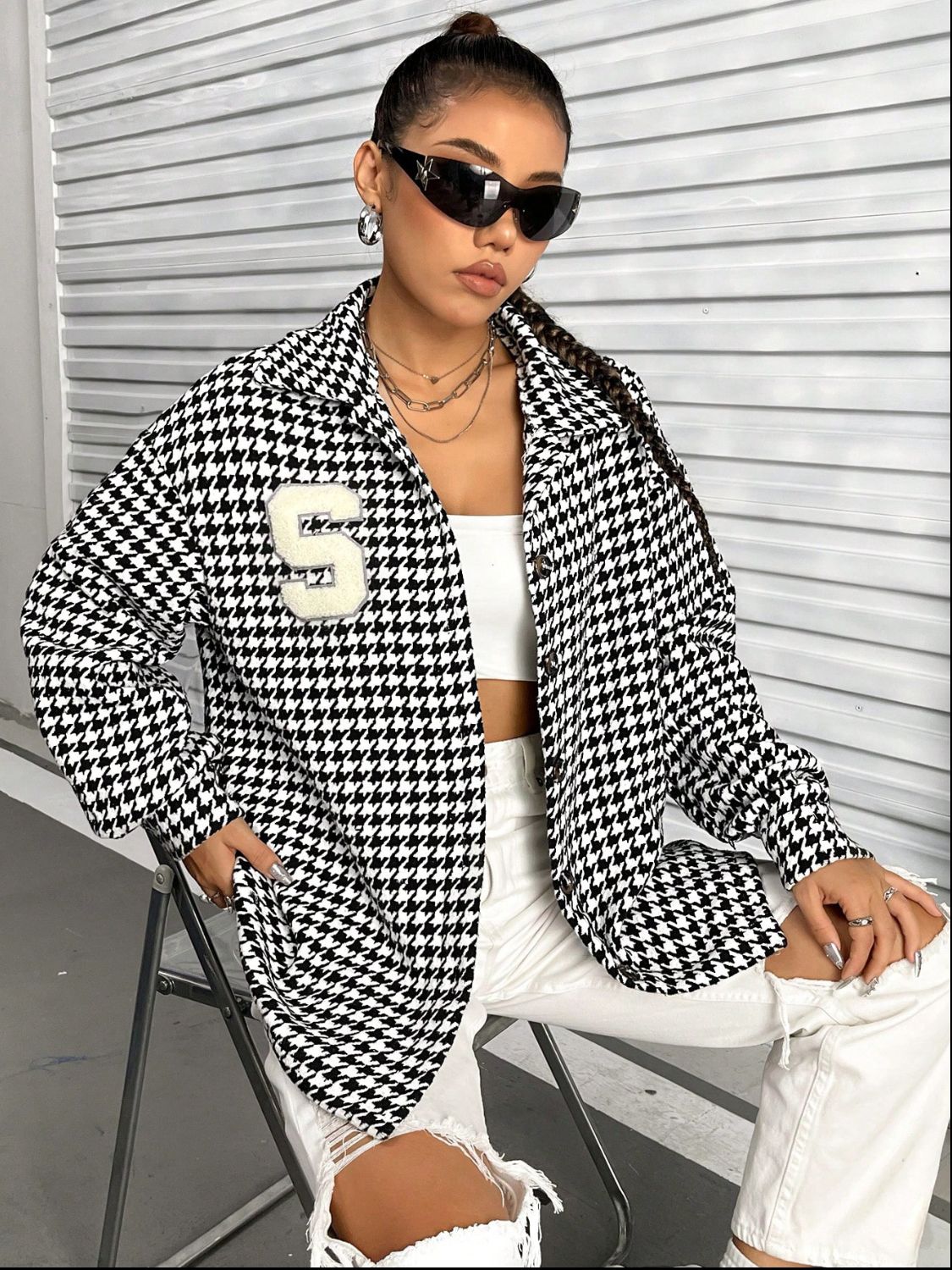 Claudia® | Houndstooth button down long sleeve jacket