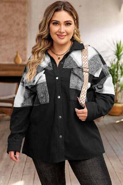 Women’s Shacket Jacket – Oversized Fit – Woven – Plaid Button Front Casual Style