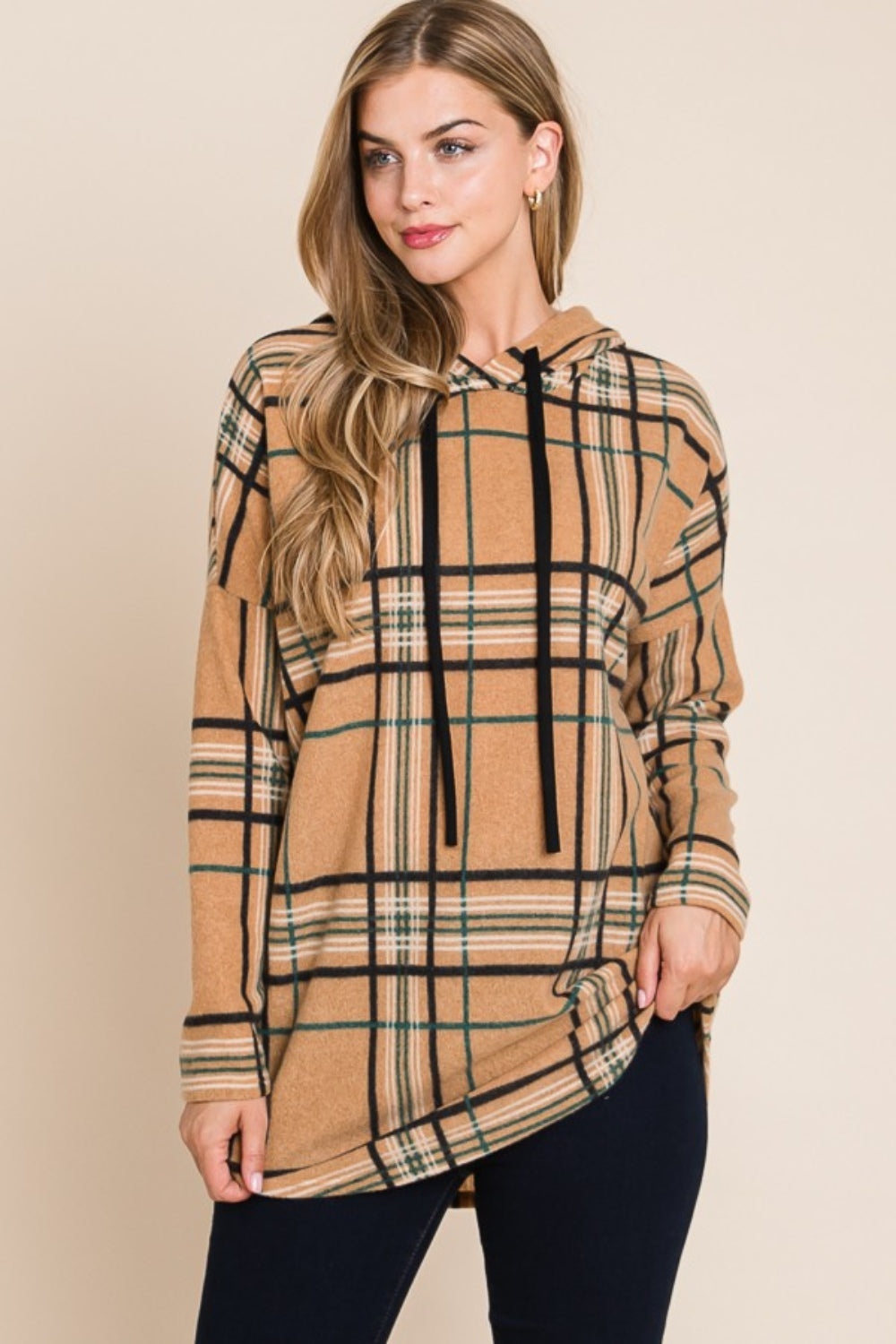 Elfriede® | Drawstring hoodie with check pattern and long sleeves