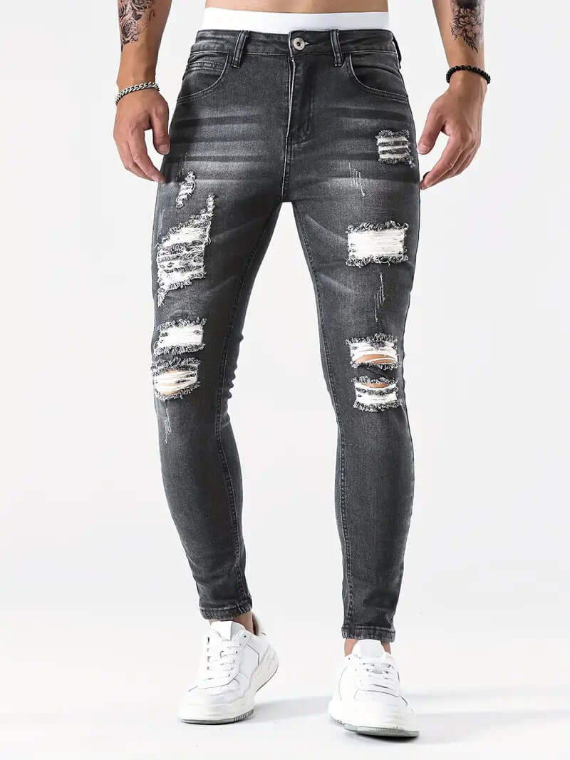 Men’s Skinny Jeans – Distressed Denim – Ripped Knees – Full Length Casual Fit