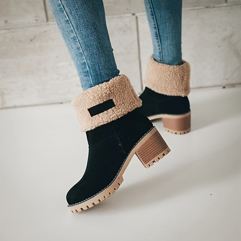 Cecilia® | Solid color, plush-lined ankle boots with a thick heel